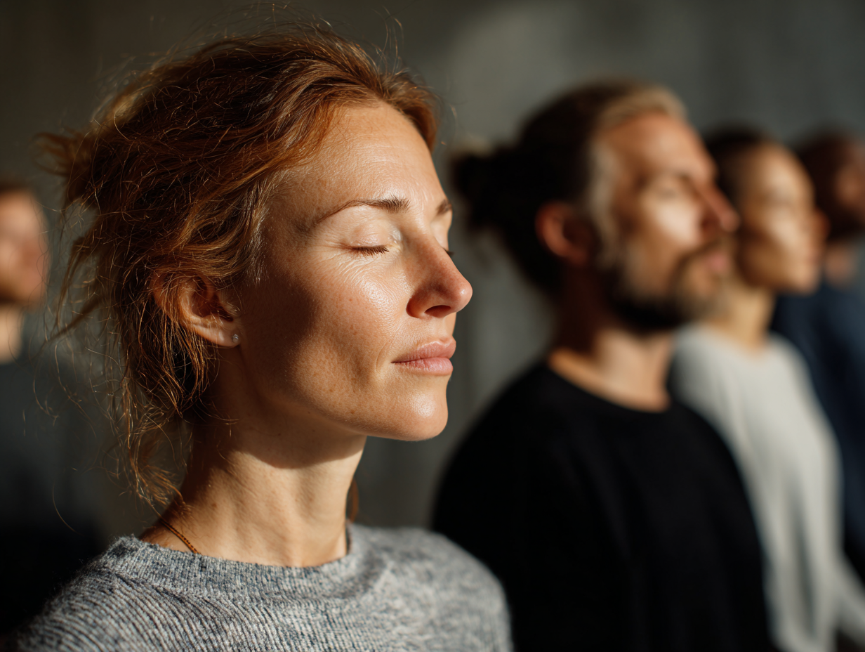 Practicanti yoga de diferite vârste în poziție de meditație